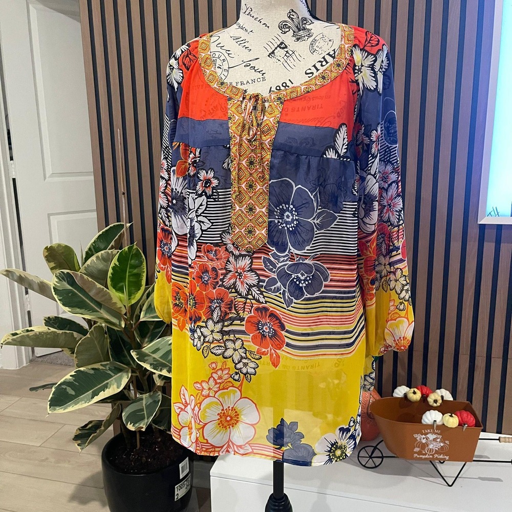 FIGUEROA & FLOWER 1X Floral Print Tunic Top Blouse Orange Blue Yellow Bohemian‎